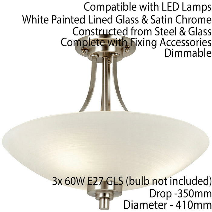 Semi Flush Ceiling Light Satin Chrome Glass 3 Bulb Feature Lamp Holder Fitting Loops
