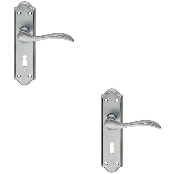 2x PAIR Curved Door Handle Lever on Lock Backplate 180 x 45mm Satin Chrome Loops