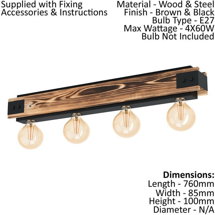 Semi Flush Ceiling Light Black Steel & Wood Trim Bar 4 x 60W E27 Bulb Loops