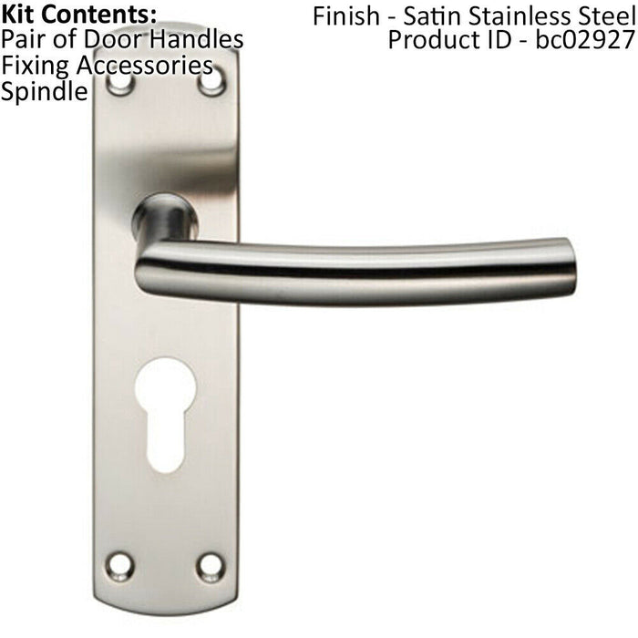 Curved Bar Lever Door Handle on Euro Lock Backplate 172 x 44mm Satin Steel Loops