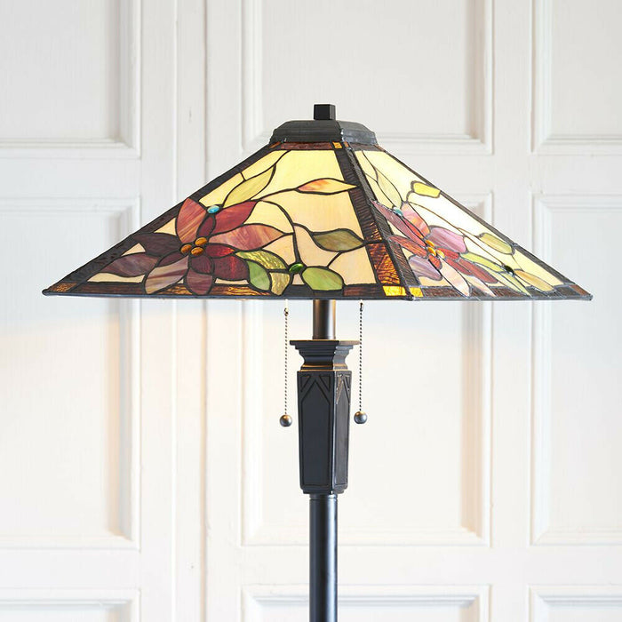 1.6m Tiffany Twin Floor Lamp Matt Black & Flowers Stained Glass Shade i00019 Loops