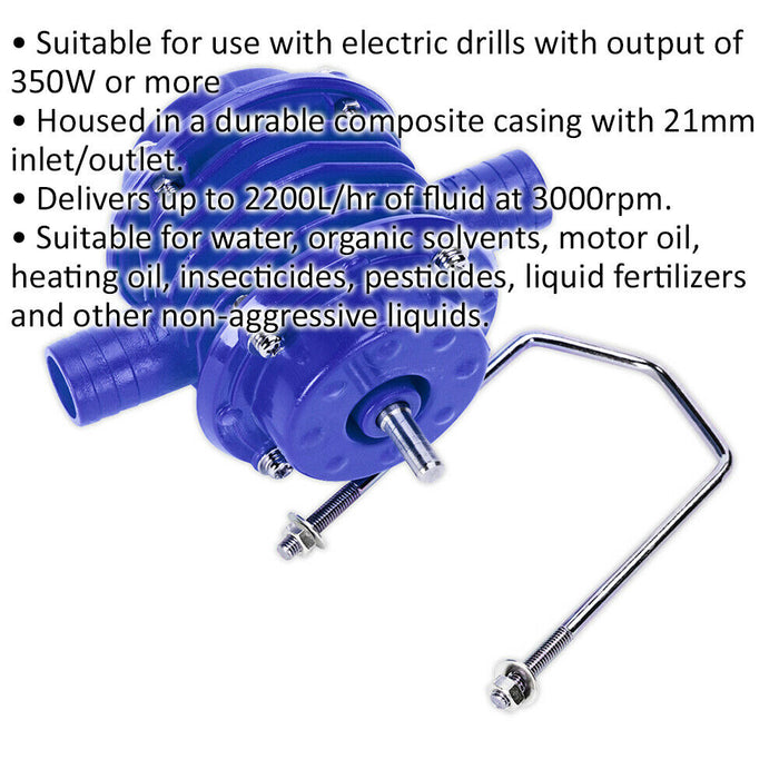 Heavy Duty Drill Powered Water Pump - 2200L/Hr - Water Oil Liquid Transfer Loops