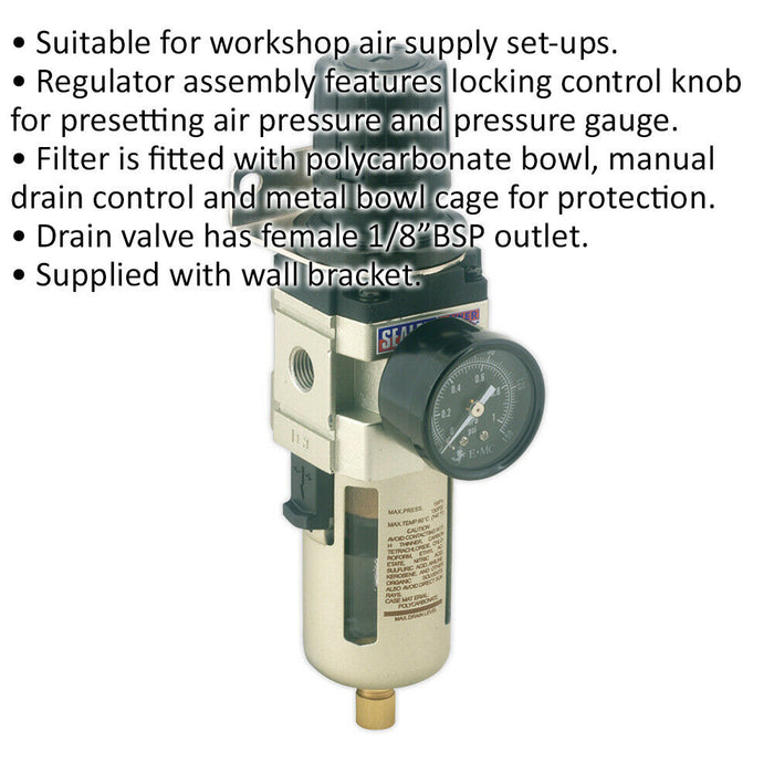 Workshop Air Supply Filter & Regulator - 70cfm Max Airflow - 1/4" BSP Inlet Loops