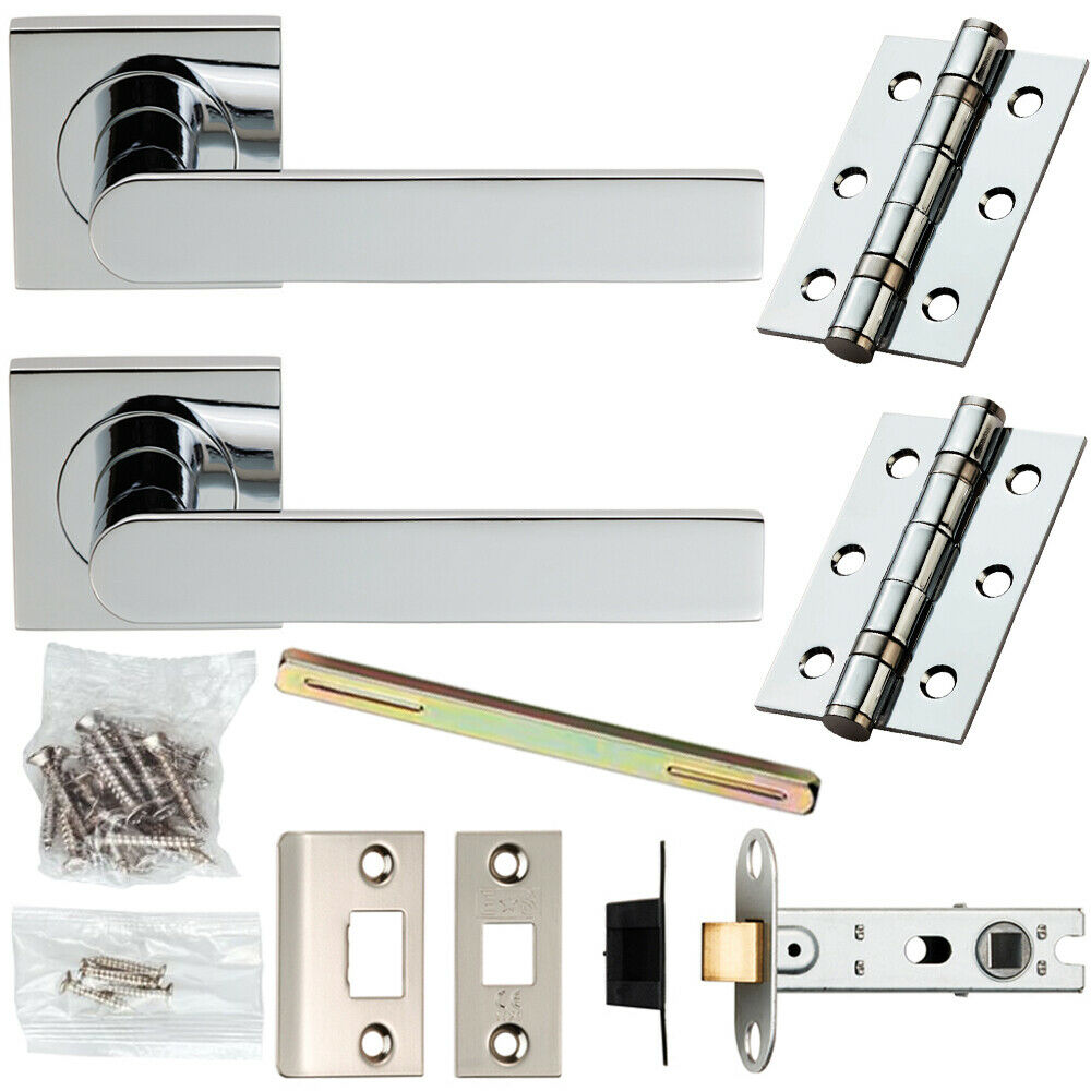 Door Handle & Latch Pack Chrome Modern Flat Sleek Bar on Screwless Square Rose Loops