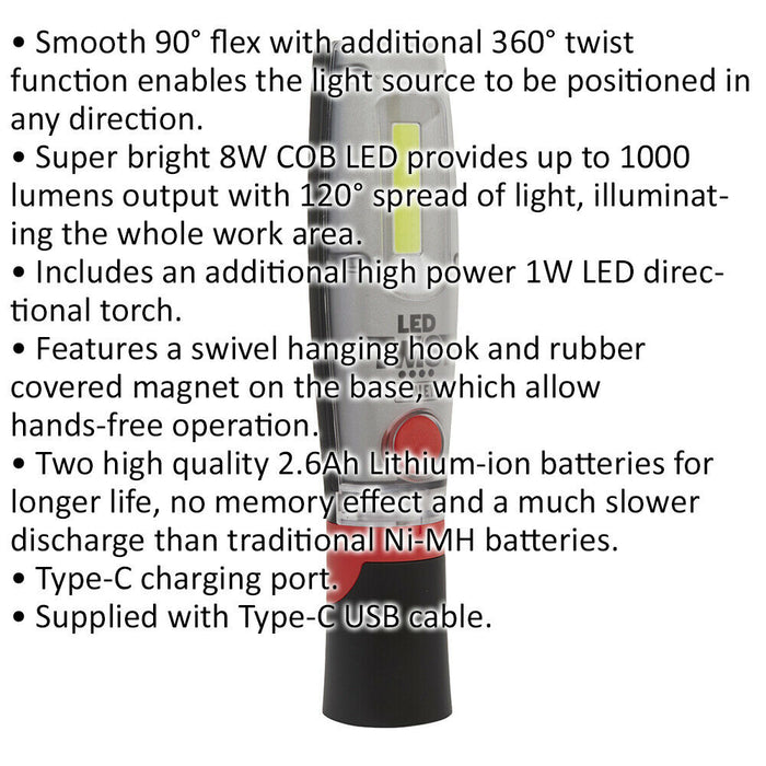 Rechargeable Inspection Light - 8W COB & 1W SMD LED - Flex & Twist Function Loops