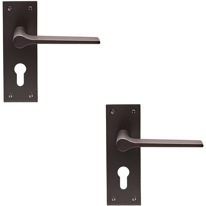 2x PAIR Flat Straight Handle on Slim Euro Lock Backplate 150 x 50mm Matt Bronze Loops