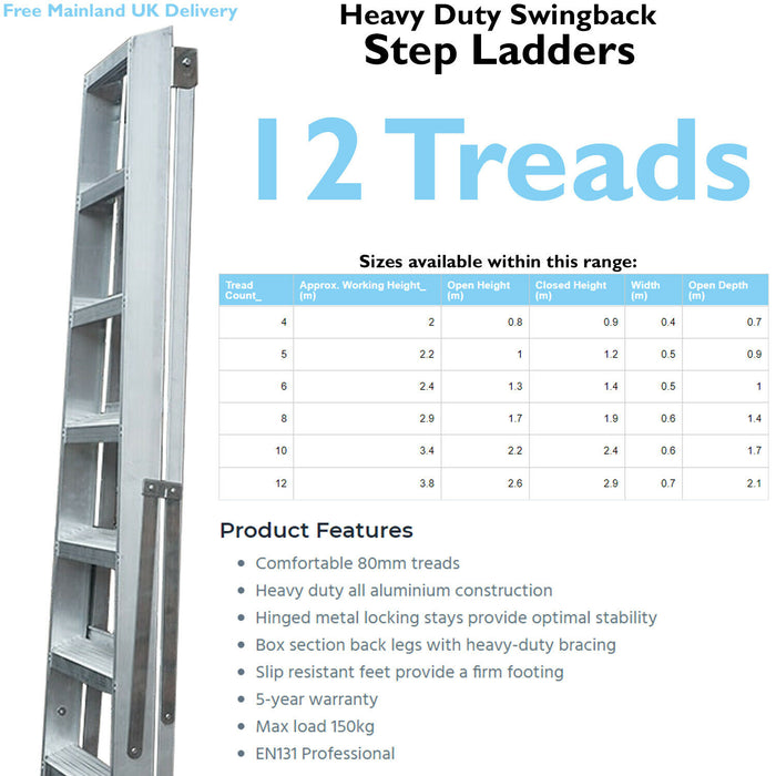 2.6m Aluminium Swingback Step Ladders 12 Tread Professional Lightweight Steps Loops