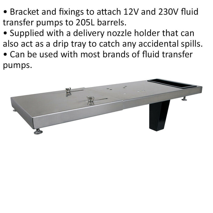 Drum Pump Mounting Bracket - Delivery Nozzle Holder & Drip Tray - Fluid Transfer Loops