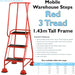 3 Tread Mobile Warehouse Steps RED 1.43m Portable Safety Ladder & Wheels Loops