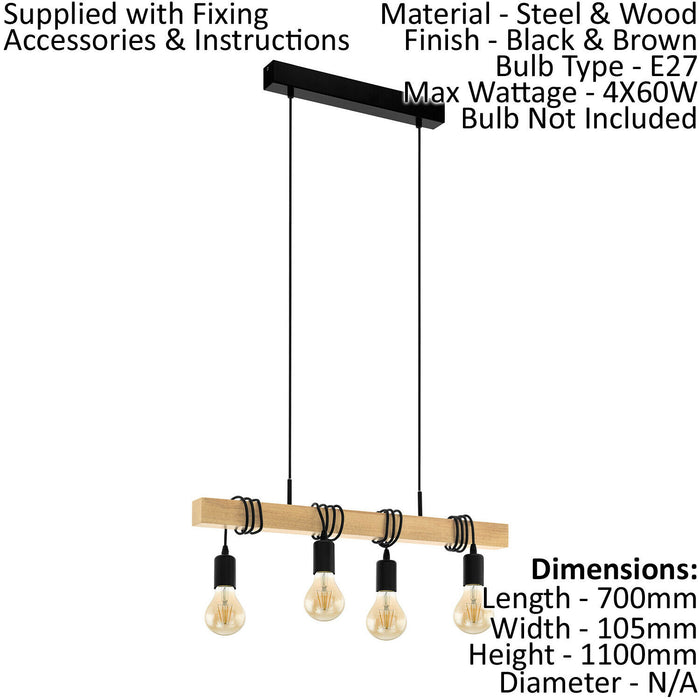 Quad Ceiling Light & 2x Matching Wall Lights Black & Wood Hanging Trendy Lamp Loops
