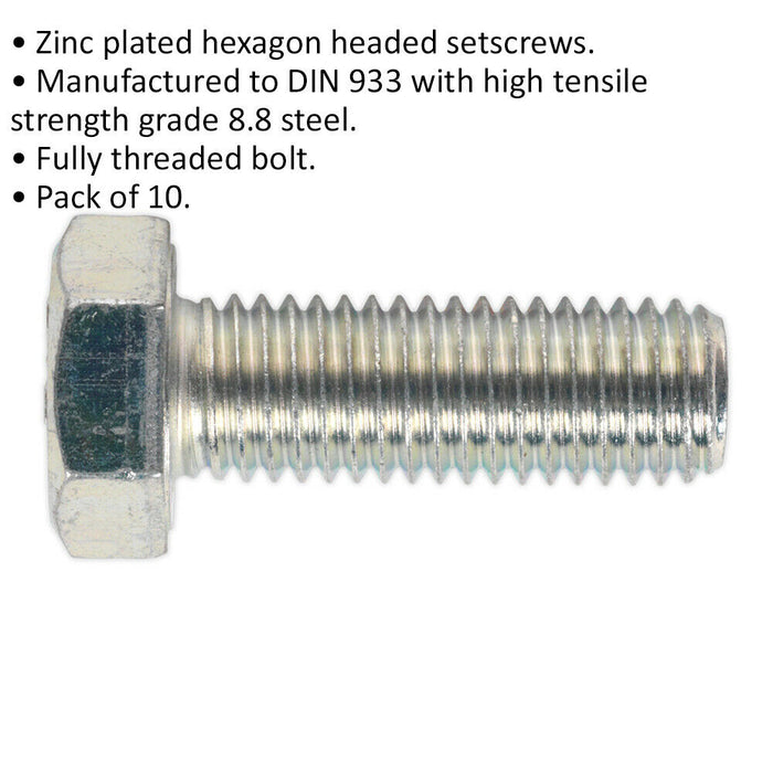 10 PACK HT Setscrew - M14 x 40mm - Grade 8.8 Zinc - Fully Threaded - DIN 933 Loops