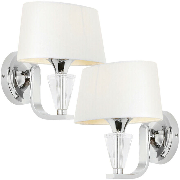 2 PACK Luxury Crystal Wall Light Chrome & White Shade Curved Arm Dimmable Lamp Loops