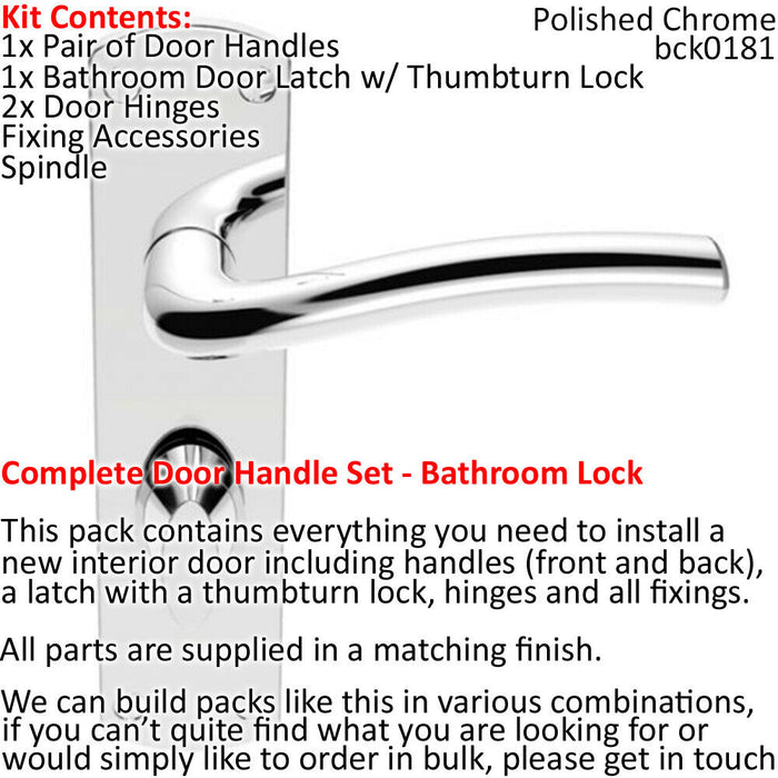 Door Handle & Bathroom Lock Pack Chrome Curved Round Arm Thumb Turn Backplate Loops