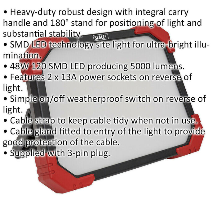 Heavy Duty Site Light - 48W SMD LED - 2 x 13A Sockets - IP54 Rated - 230V Supply Loops