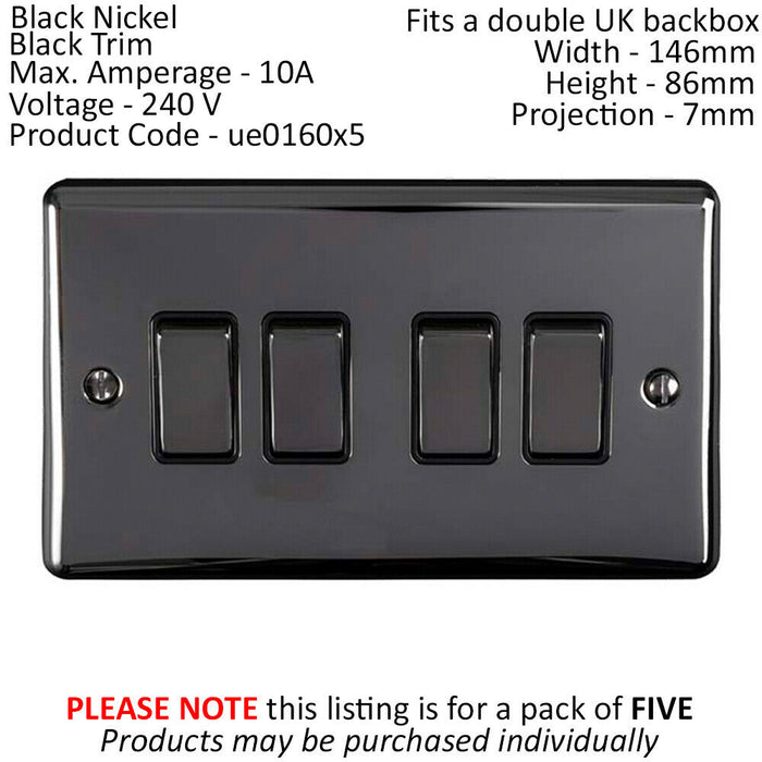 5 PACK 4 Gang Quad Light Switch BLACK NICKEL 2 Way 10A Black Trim Loops