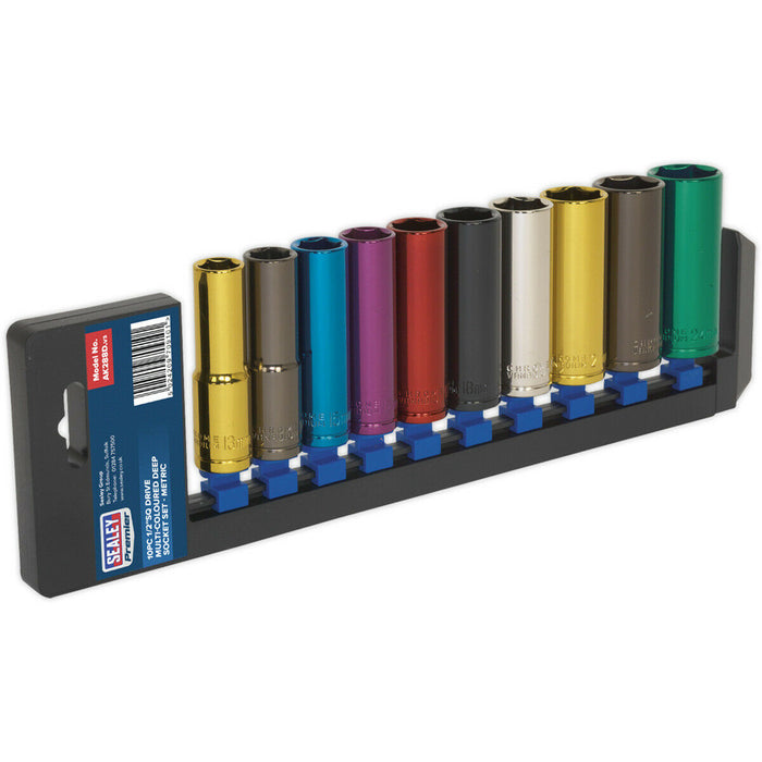 10 PACK Multi Colour DEEP Socket Set 1/2" Metric Square Drive - 6 Pt WallDrive Loops