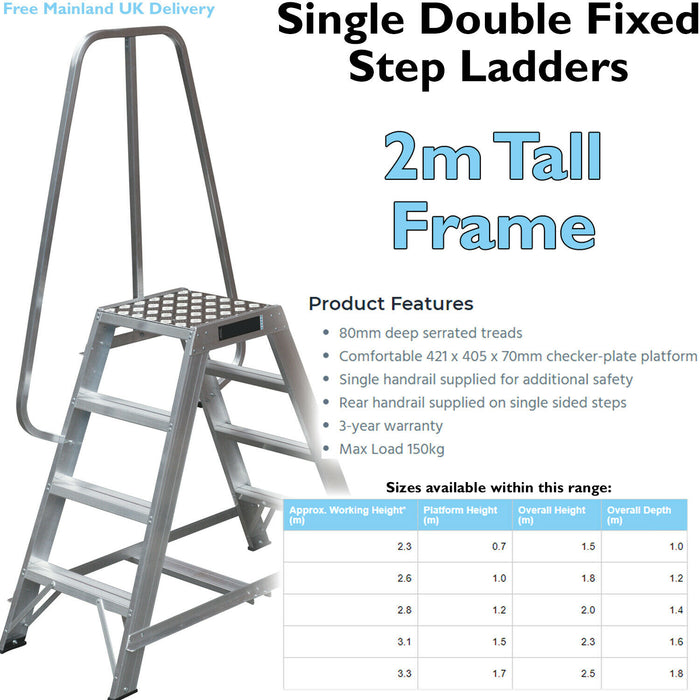 1.2m Heavy Duty Double Sided Fixed Step Ladders Safety Handrail & Wide Platform Loops