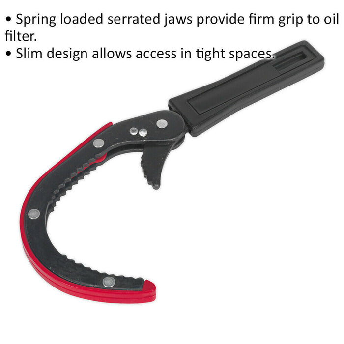 Slim Oil Filter Wrench - 75mm to 95mm Jaw Capacity - Spring Loaded Serrated Jaws Loops