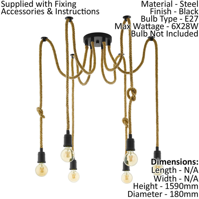 Multi Bulb Ceiling Pendant Light & 2x Matching Wall Lights Black & Rope Trendy Loops