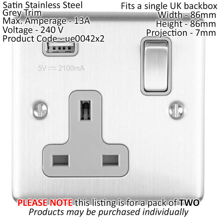 2 PACK 1 Gang Single UK Plug Socket & 2.1A USB SATIN STEEL & Grey 13A Switched Loops