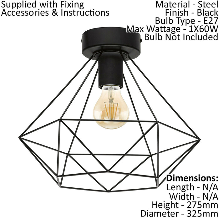 Semi Flush Ceiling Light Black Steel Geometric Shade 1 x 60W E27 Bulb Feature Loops