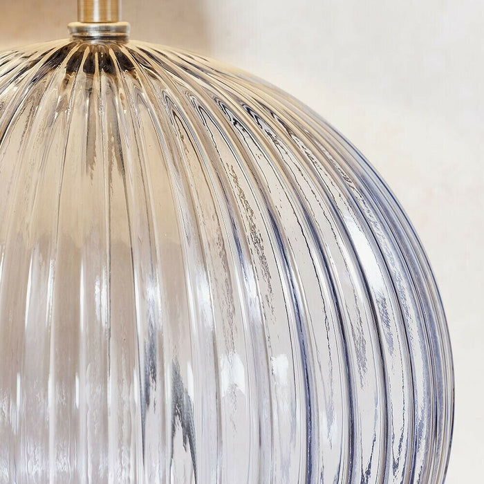 Round Textured Table Lamp Base Smoked Ribbed Glass & Nickel Classic Globe Bulb Loops