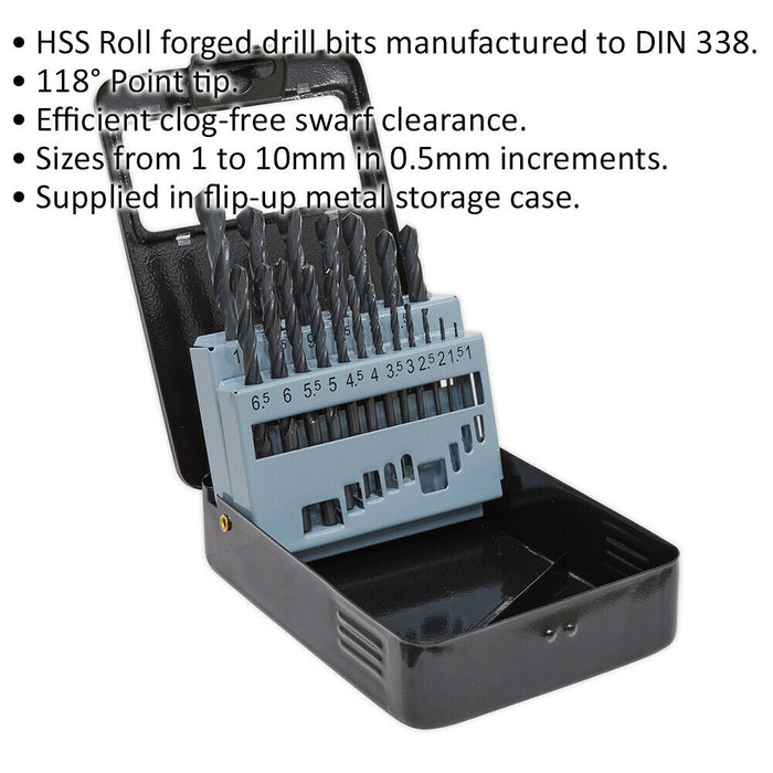 19 Piece Roll Forged HSS Drill Bit - 1mm to 10mm - 118 Degree Point Tip - Case Loops