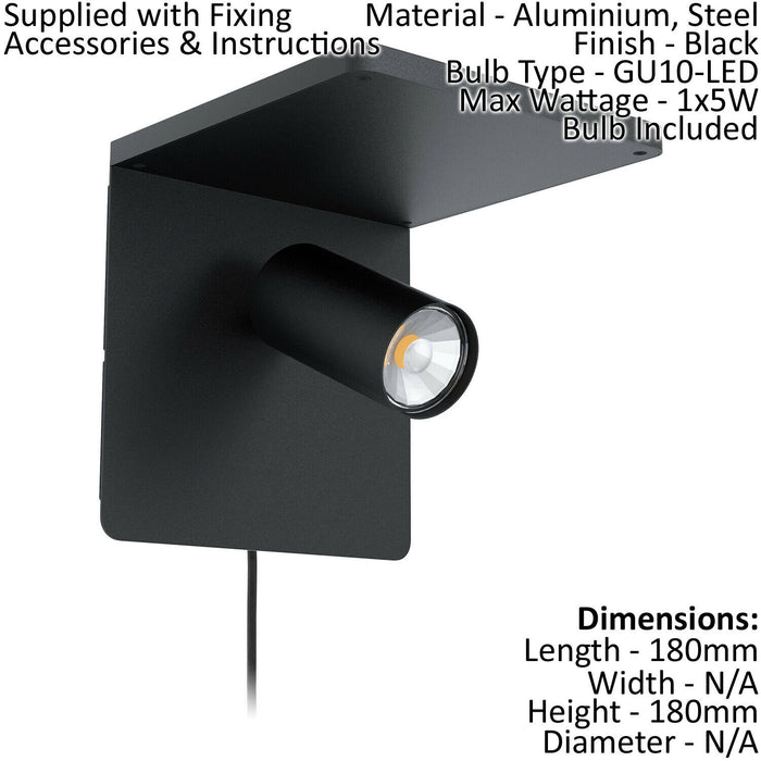 Wall Spot Light Colour Black Reading Rocker Switch Bulb GU10 1x5W Included Loops