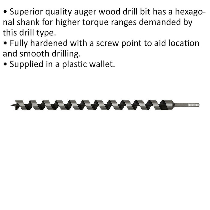 32 x 600mm Hardened Auger Wood Drill Bit - Hexagonal Shank - Woodwork Timber Loops