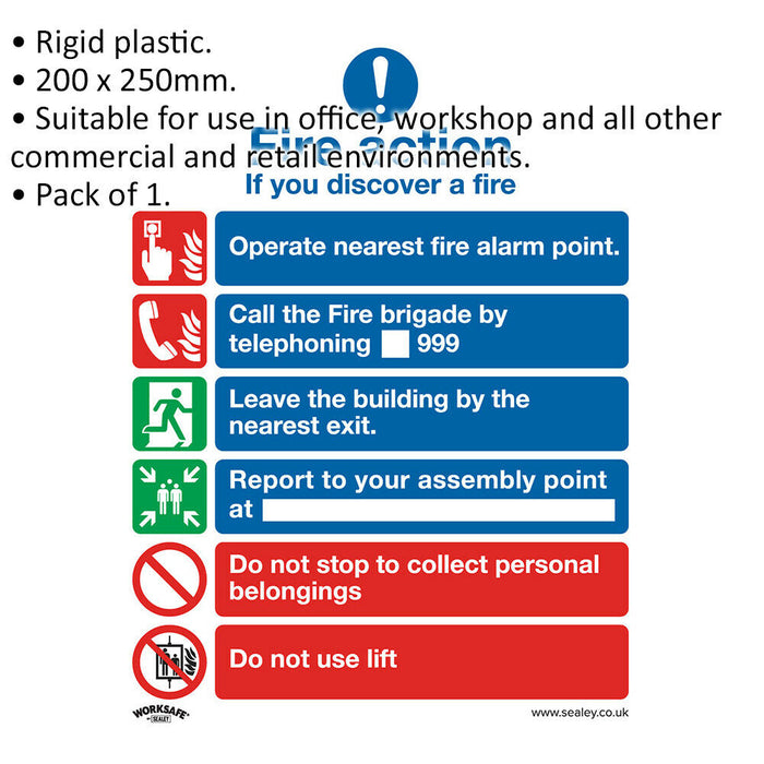 1x FIRE ACTION & LIFT Health & Safety Sign - Rigid Plastic 200 x 250mm Warning Loops