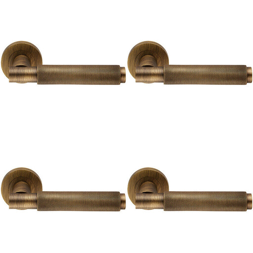 4x PAIR Knurled Grip Round Bar Handle on Round Rose Concealed Fix Antique Brass Loops