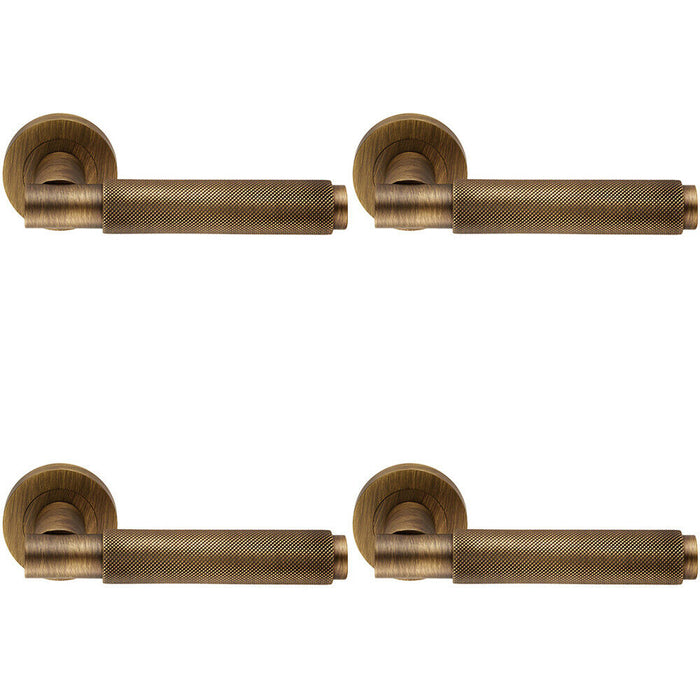 4x PAIR Knurled Grip Round Bar Handle on Round Rose Concealed Fix Antique Brass Loops