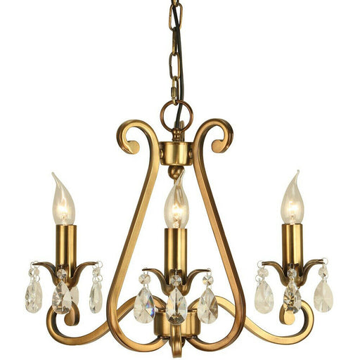 Esher Ceiling Pendant Chandelier Antique Brass & Crystal Curved 3 Lamp Light Loops