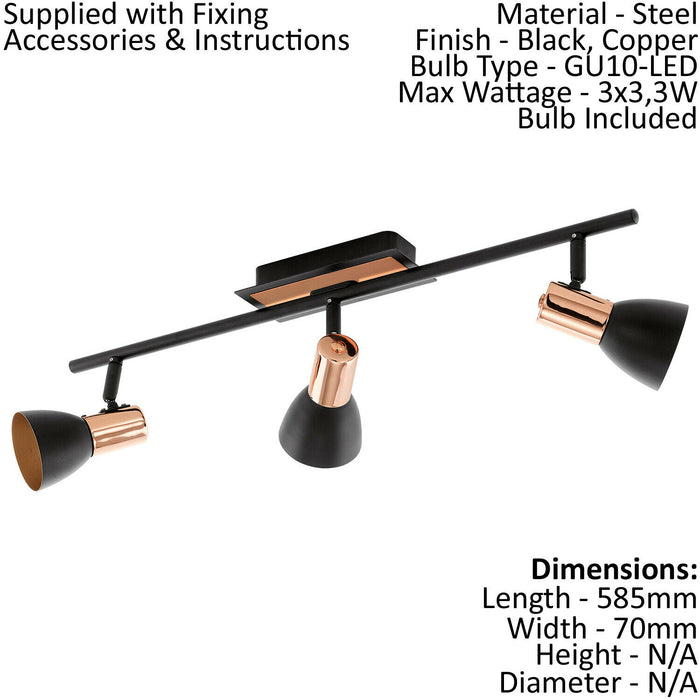 Ceiling Spot Light & 2x Matching Wall Lights Black & Copper Adjustable Shade Loops