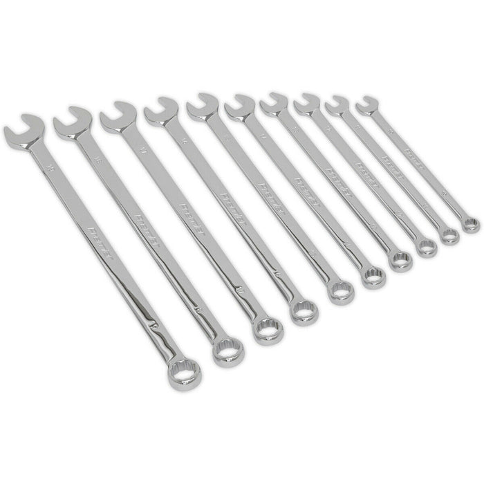 10pc Extra Long Combination Hand Spanner Set - 10 to 19mm Metric 12 Point Socket Loops