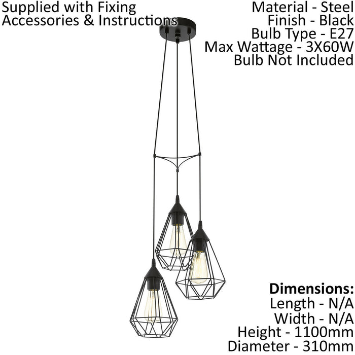 Hanging Ceiling Pendant Light Black Wire Cage 3x E27 Geometric Multi Lamp Loops