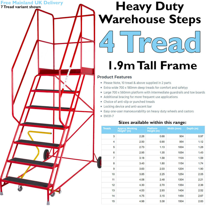 4 Tread HEAVY DUTY Mobile Warehouse Stairs Anti Slip Steps 1.9m Safety Ladder Loops