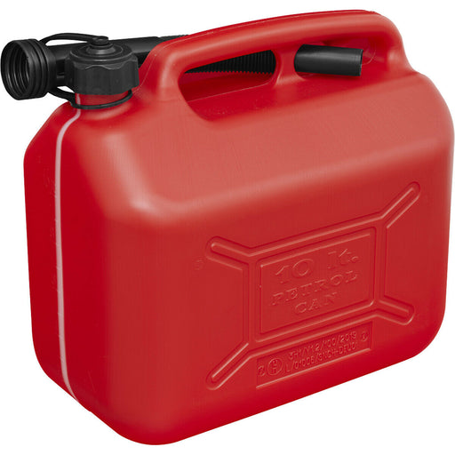 10 Litre Plastic Fuel Can -  Safety Screw Lock Cap - Flexible Spout - Red Loops