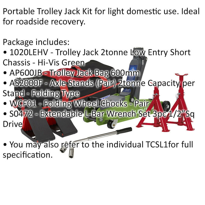 Short Chassis Trolley Jack Kit - Axle Stands & Wheel Chocks - Wrench Set - Green Loops