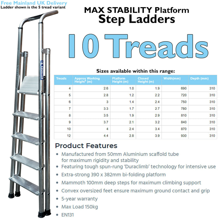 2.4m MAX STABILITY Platform Step Ladders 10 Tread Anti Slip Aluminium DIY Steps Loops