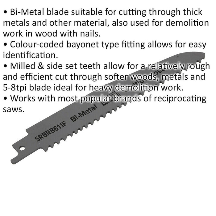 5 PACK 150mm Bi-Metal Reciprocating Saw Blade - 5-8 TPI - Milled Side Set Teeth Loops