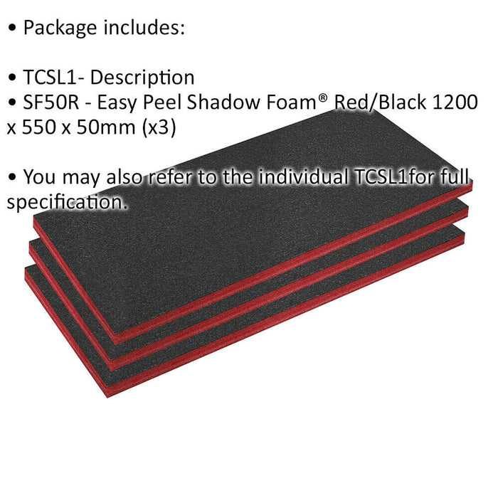 3 PACK 1200 x 550 x 50mm RED Easy Peel / Cut Shadow Foam Tool Chest Flight Case Loops