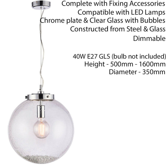 Hanging Ceiling Pendant Light Chrome & GLASS Large Round Shade Lamp Bulb Holder Loops