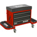 Mechanics Utility Seat & Toolbox - Folding Side Trays - 4 Swivel Castors - Red Loops