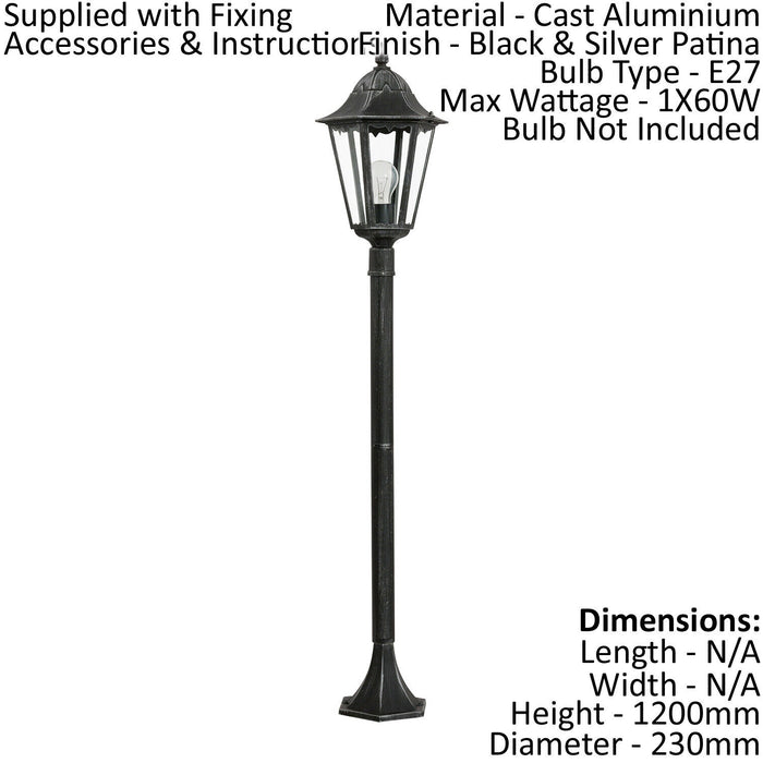 4 PACK IP44 Outdoor Bollard Light Black & Silver Lantern 1200mm Post 60W E27 Loops