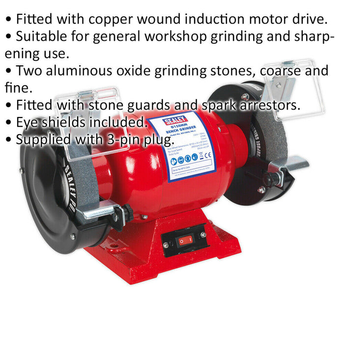 150mm Bench Grinder - 370W Copper Wound Induction Motor - Fine & Coarse Stones Loops