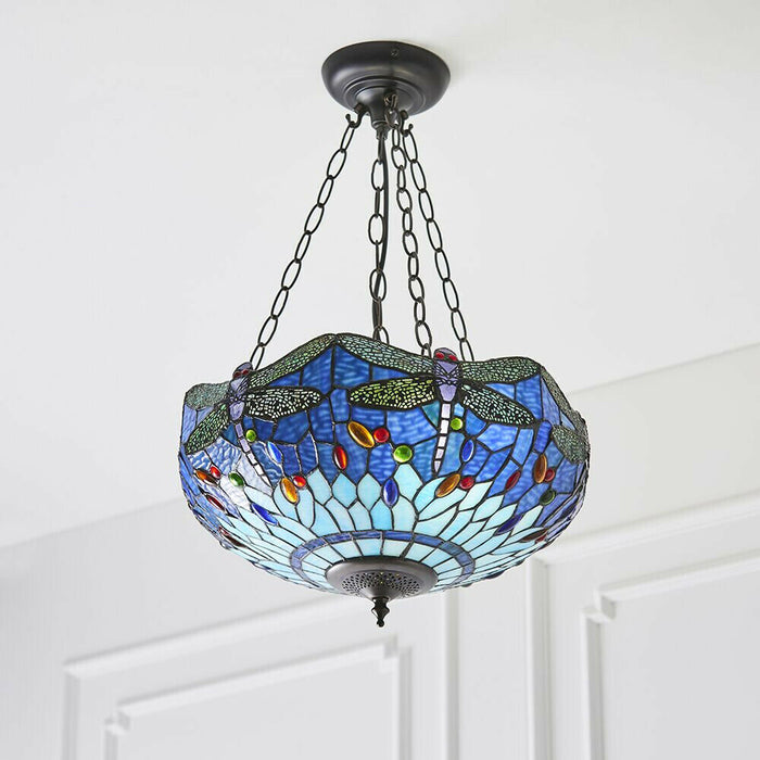 Tiffany Glass Hanging Ceiling Pendant Light Blue Dragonfly 3 Lamp Shade i00108 Loops