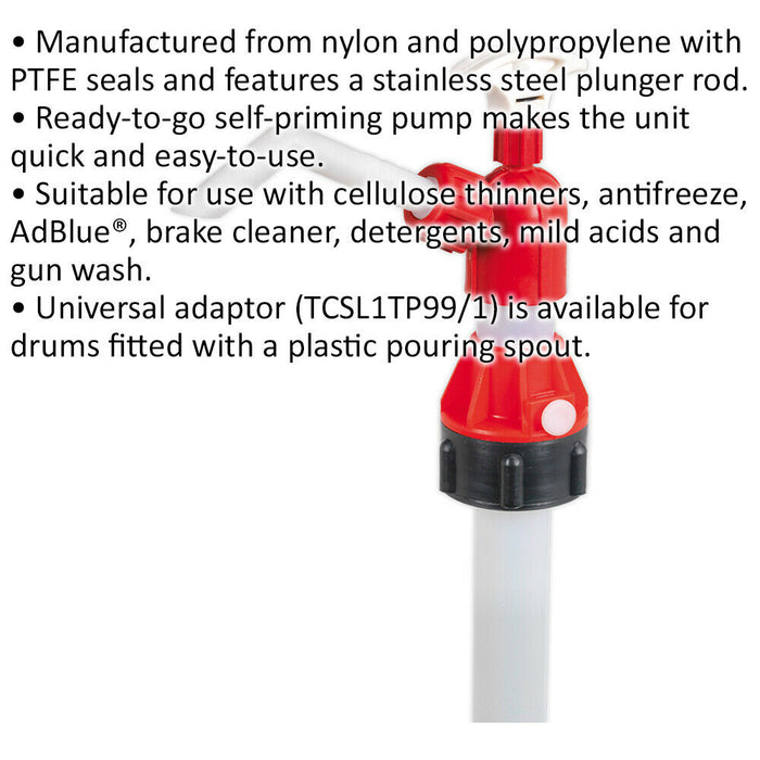 Self-Priming Solvent Transfer Pump for 205L Drums - PTFE Seal - 400ml Per Stroke Loops