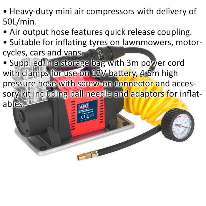 Portable HEAVY DUTY 12V Tyre Inflator / Mini Air Compressor - 150PSI Max Pump Loops