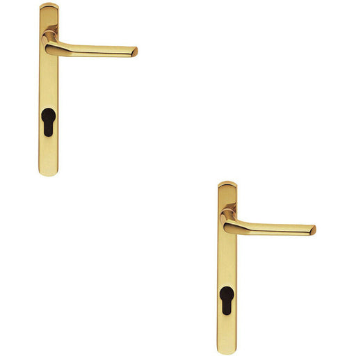 2x Straight Lever Door Handle on Lock Backplate Polished Brass 208mm X 25mm Loops